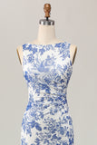 Floral Printed Bodycon White Blue Long Wedding Guest Dress