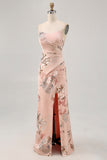 Blush Floral Strapless Sheath Bridesmaid Dress with Slit