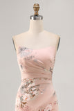 Blush Floral Strapless Sheath Bridesmaid Dress with Slit
