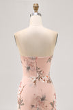 Blush Floral Strapless Sheath Bridesmaid Dress with Slit