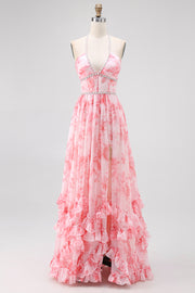 Blush Beaded Halter Printed Floral Wedding Guest Dress with Slit