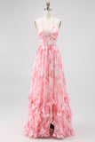Blush Beaded Halter Printed Floral Wedding Guest Dress with Slit