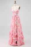 Blush Beaded Halter Printed Floral Wedding Guest Dress with Slit