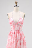 Blush Beaded Halter Printed Floral Wedding Guest Dress with Slit