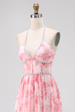 Blush Beaded Halter Printed Floral Wedding Guest Dress with Slit