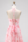 Blush Beaded Halter Printed Floral Wedding Guest Dress with Slit