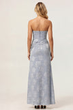 Dusty Blue Print Strapless Sheath Ruched Midi Dress with Slit