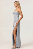 Dusty Blue Print Strapless Sheath Ruched Midi Dress with Slit