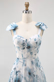 Blue Flower Printed A Line Long Bridesmaid Dress with Lace-up Back