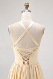 Daffodil Halter A Line Satin Bridesmaid Dress
