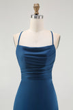 Dark Blue Spaghetti Straps A Line Long Bridesmaid Dress