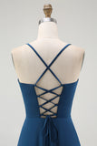 Dark Blue Spaghetti Straps A Line Long Bridesmaid Dress