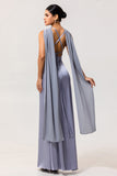 Dusty Blue Sheath Satin Bridesmaid Dress with Sash