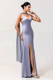 Dusty Blue Sheath Satin Bridesmaid Dress with Sash