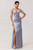 Dusty Blue Sheath Satin Bridesmaid Dress with Sash