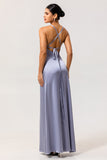 Dusty Blue Sheath Satin Bridesmaid Dress with Sash