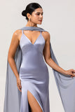 Dusty Blue Sheath Satin Bridesmaid Dress with Sash