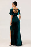 Peacock Green Velvet Sheath Short Sleeves Bridesmaid Dress