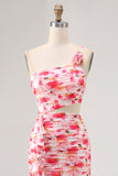 Sheath Red Cut Out One Shoulder Printed Floral Wedding Guest Dress