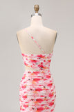 Sheath Red Cut Out One Shoulder Printed Floral Wedding Guest Dress