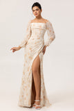 Yellow Floral Corset Sheath Long Bridesmaid Dress with Long Sleeves