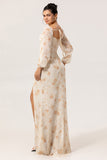 Yellow Floral Corset Sheath Long Bridesmaid Dress with Long Sleeves