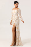 Yellow Floral Corset Sheath Long Bridesmaid Dress with Long Sleeves