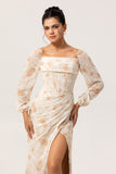 Yellow Floral Corset Sheath Long Bridesmaid Dress with Long Sleeves