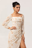 Yellow Floral Corset Sheath Long Bridesmaid Dress with Long Sleeves