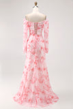 Pink Flower Mermaid Off The Shoulder Long Sleeve Bridesmaid Dress with Slit