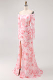 Pink Flower Mermaid Off The Shoulder Long Sleeve Bridesmaid Dress with Slit