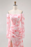 Pink Flower Mermaid Off The Shoulder Long Sleeve Bridesmaid Dress with Slit