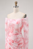 Pink Flower Mermaid Off The Shoulder Long Sleeve Bridesmaid Dress with Slit