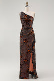 One Shoulder Black Floral Sheath Bridesmaid Dress