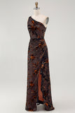 One Shoulder Black Floral Sheath Bridesmaid Dress