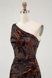 One Shoulder Black Floral Sheath Bridesmaid Dress