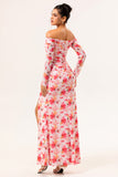 Pink Floral Sheath Off The Shoulder Long Wedding Guest Dress