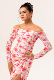 Pink Floral Sheath Off The Shoulder Long Wedding Guest Dress