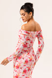 Pink Floral Sheath Off The Shoulder Long Wedding Guest Dress