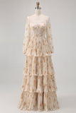 Champagne Floral A Line Tiered Long Sleeve Bridesmaid Dress