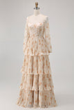 Champagne Floral A Line Tiered Long Sleeve Bridesmaid Dress