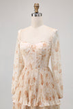 Champagne Floral A Line Tiered Long Sleeve Bridesmaid Dress