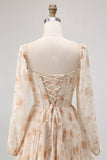 Champagne Floral A Line Tiered Long Sleeve Bridesmaid Dress