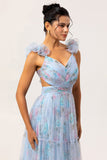 Blue A Line Cut Out Floral Long Bridesmaid Dress
