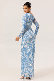 One Shoulder Sheath Blue Flower Long Sleeves Bridesmaid Dress with Slit
