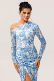 One Shoulder Sheath Blue Flower Long Sleeves Bridesmaid Dress with Slit