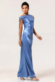One Shoulder Blue Satin Sheath Bridesmaid Dress with Slit