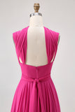 Fuchsia A Line Convertible Chiffon Bridesmaid Dress with Slit