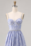 Blue Flower A-Line Beaded Wedding Guest Dress with Slit