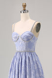 Blue Flower A-Line Beaded Wedding Guest Dress with Slit